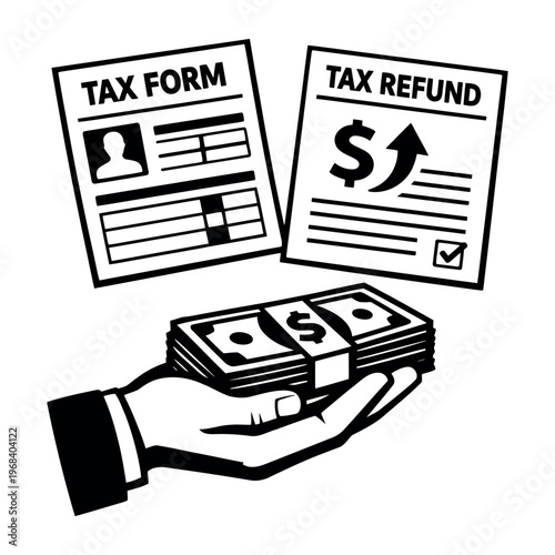Hand holding stacks of cash while tax form and refund documents float above, representing financial planning and government payments