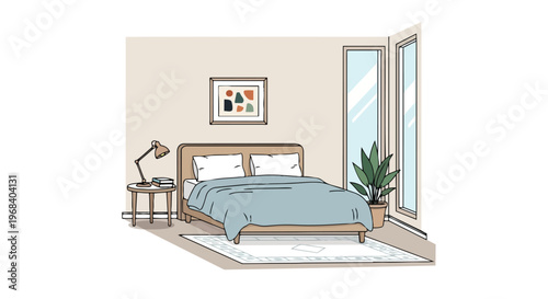 Serene Bedroom Illustration with Natural Light and Minimalist Decor featuring a Bed, Lamp, and Plant.