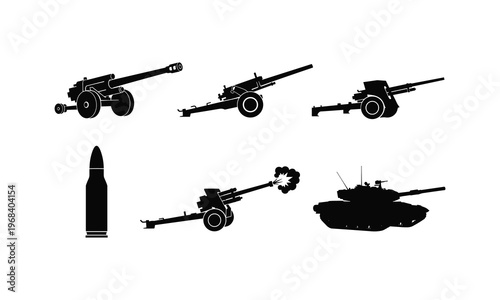 Military artillery vector silhouette illustration set. weapon line art collection design.