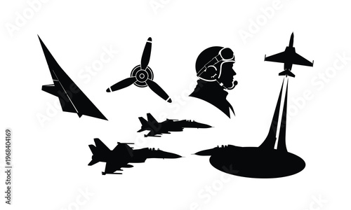 Military aviation line art vector silhouette illustration of fighter jets and pilot helmet.