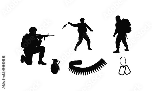 Soldier silhouettes with weapons grenades ammo belt and dog tags vector illustration set.