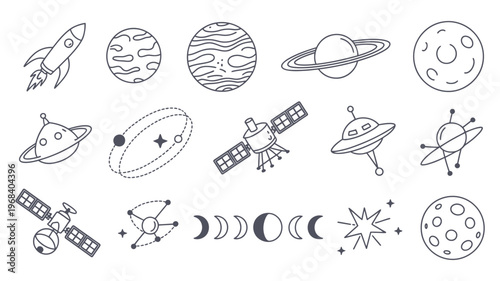 Space themed icons including planets rockets satellites and celestial bodies in simple design