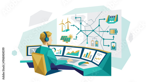 A diligent control room operator with headphones meticulously monitors a complex renewable energy grid displayed on multiple screens showing data analytics and power flow.