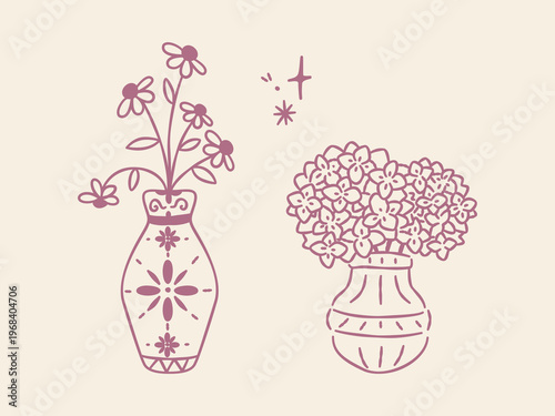 Minimalist hand-drawn illustration of flowers in decorative vases, cute floral line art in dusty pink tones.
