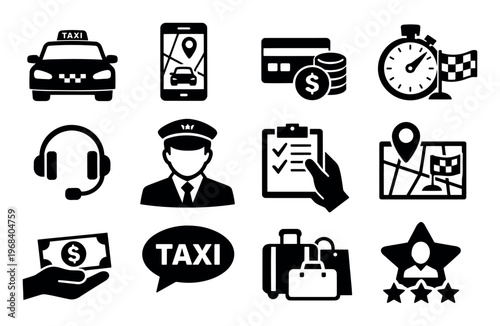Icons representing taxi and ride hailing services including driver, car, smartphone app, credit card payment, destination map, and luggage