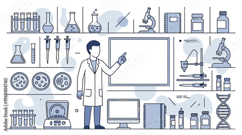A professional scientist in a pristine lab coat presents information on a blank whiteboard, surrounded by detailed line-art illustrations of laboratory equipment and tools.
