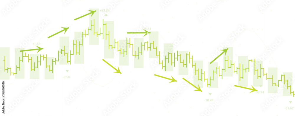 Fototapeta premium Vector image of Green financial candlestick chart with trend arrows, stock market trading analysis graph, investment data visualization vector isolated on Transparent Background