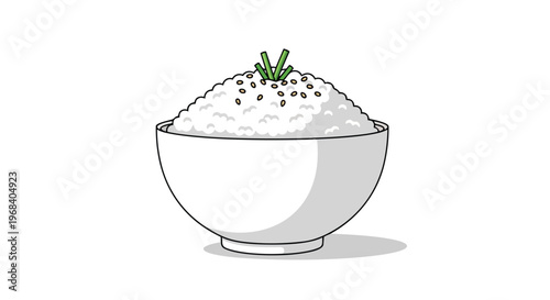 A simple white bowl filled with steaming hot rice, sprinkled with sesame seeds and topped with fresh green sprouts, presented against a clean white