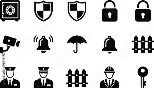 Security icons set, minimalist black silhouette icons featuring locks shields CCTV cameras and security elements for digital protection and safety interface graphics.