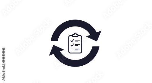 Checklist clipboard with circular arrows.