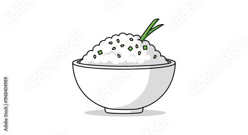 Simple illustration of a bowl filled with fluffy white rice and topped with finely chopped green onions and sesame seeds