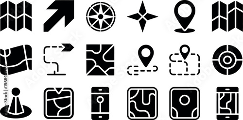 Set of modern minimalist icons for travel navigation and location services