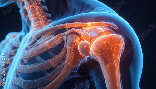 Shoulder Joint Anatomy Illustration with Tendons and Ligaments in Blue and Orange Tones on Black Background