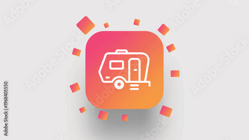 colorful icon of a caravan with abstract shapes around it