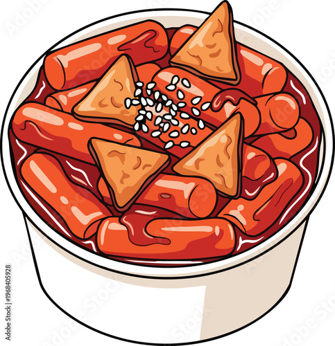 Spicy Korean Tteokbokki Rice Cakes with Fish Cakes and Sesame Seeds.