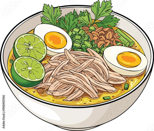 Konstfotografi Delicious Bowl of Chicken Soto Soup with Boiled Eggs and Lime.