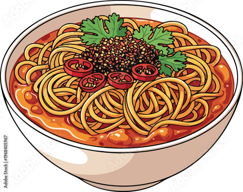 Delicious Bowl of Spicy Noodles with Garnish.