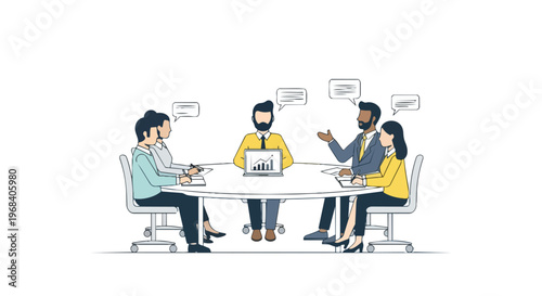 Team collaborating around a table with charts on a laptop during a business meeting discussion