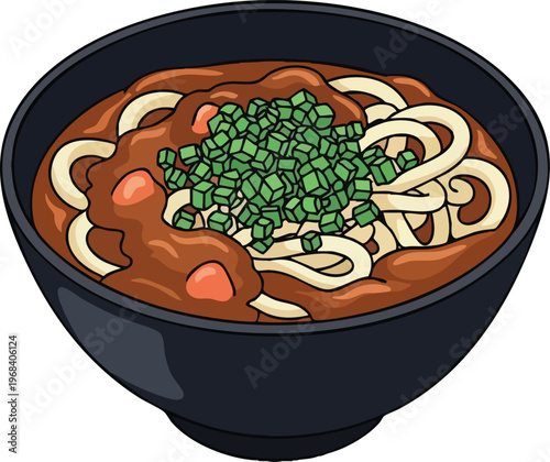 Delicious Japanese Curry Udon Noodles in a Black Bowl.