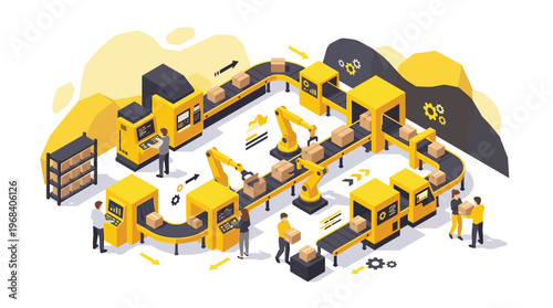 A bustling isometric automated factory assembly line shows robotic arms and workers efficiently processing packages on a complex conveyor belt system in yellow tones.