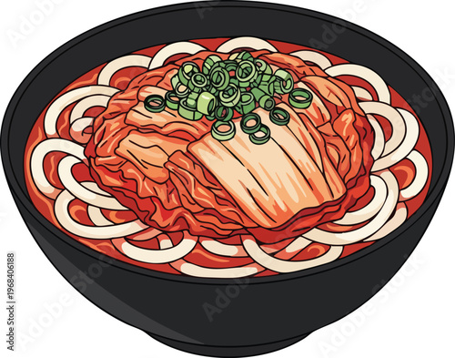 Delicious Kimchi Udon Noodle Soup in a Black Bowl.