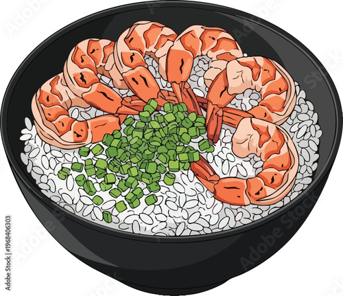 Delicious Shrimp and Rice Bowl with Green Peas.