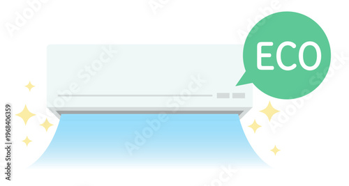ECO吹き出し付き壁掛けエアコンイラスト 省エネ冷房運転と清潔感を表す空調説明用ベクター素材