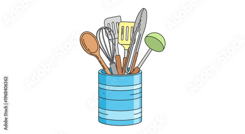 Kitchen Utensils in Blue Canister.
