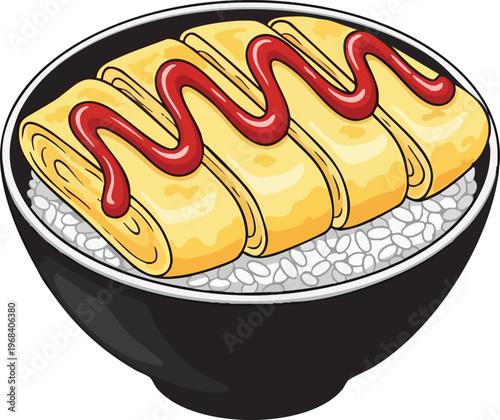 Delicious Tamagoyaki Japanese Omelet with Ketchup on Rice in a Bowl.