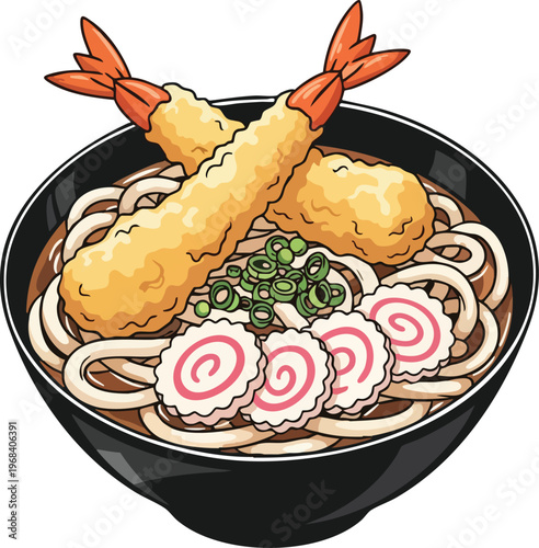 Delicious Tempura Udon Noodle Soup in a Black Bowl.