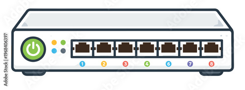 Network switch splitting internet signal to multiple devices, showing ports for wired connections and data transfer