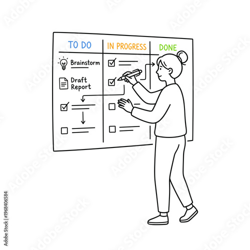 Person Organizing Tasks on Kanban Board, Project Management and Productivity Line Art Illustration
