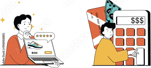 Person shopping online with positive reviews while another calculates payment costs using a calculator and credit card