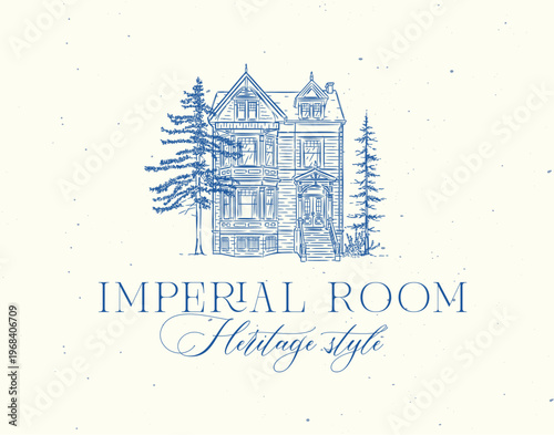 Vintage house label with text imperial room heritage style drawing in graphic art with blue on light background