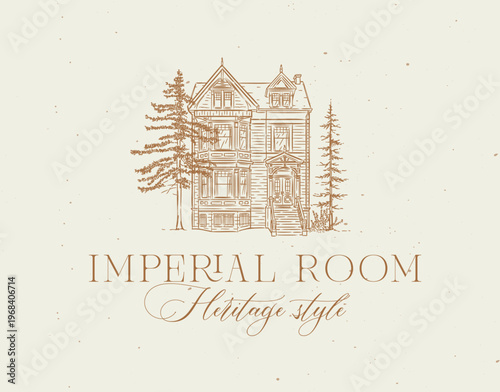Vintage house label with text imperial room heritage style drawing in graphic art with beige on light background