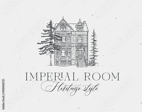 Vintage house label with text imperial room heritage style drawing in graphic art with black on light background
