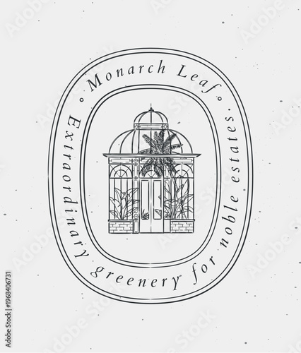 Greenhouse label with text monarch leaf extraordinary greenery for noble estates drawing in graphic art style with black on light background