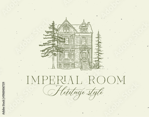 Vintage house label with text imperial room heritage style drawing in graphic art with green on light background