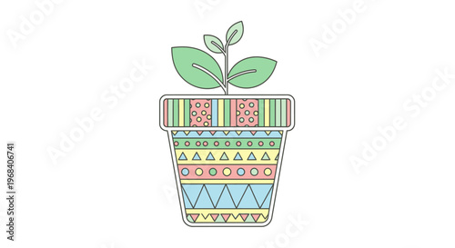 Colorful Patterned Pot with Small Plant.