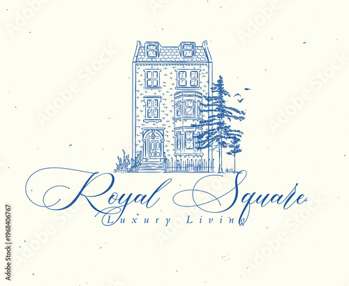 Vintage house label with text royal square luxury living drawing in graphic art style with blue on light background