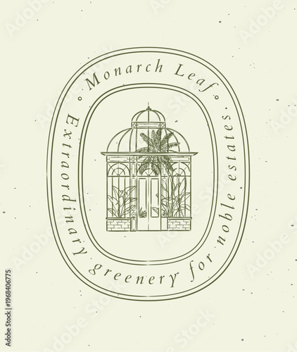 Greenhouse label with text monarch leaf extraordinary greenery for noble estates drawing in graphic art style with green on light background