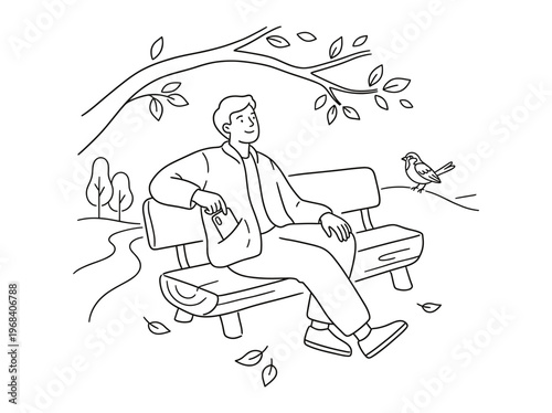 Person Putting Away Smartphone and Relaxing in Nature, Digital Detox Line Art Illustration
