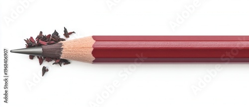 Red wooden pencil isolated on white background with sharp graphite tip and scattered shavings. Clean minimal composition representing creativity, writing tools, education, and design concept with copy