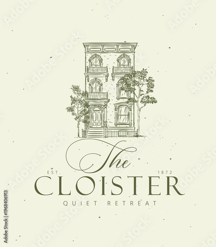 Victorian house label with text the cloister quite retreat drawing in graphic art style with green on light background