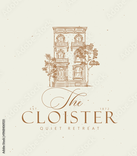 Victorian house label with text the cloister quite retreat drawing in graphic art style with beige on light background