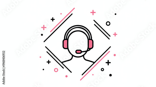 customer support agent wearing headset with geometric shapes around  online help and service concept