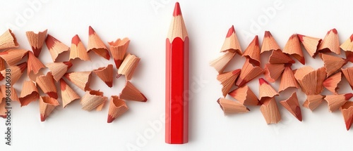 Centered red pencil with symmetrical wood shavings on both sides over white background. Creative minimal layout symbolizing focus, precision, balance, and artistic process in design and education them