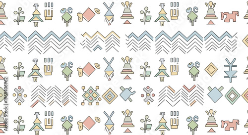 Colorful geometric shapes and symbols.