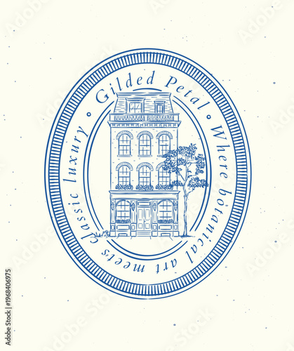 Vintage house label with text glided petal where botanical art meet luxury drawing in graphic art style with blue on light background