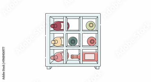 Colorful dishes on shelf unit.